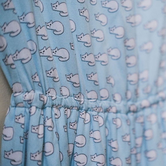 Powder Blue Cat Print Dress - Picture 4 of 4
